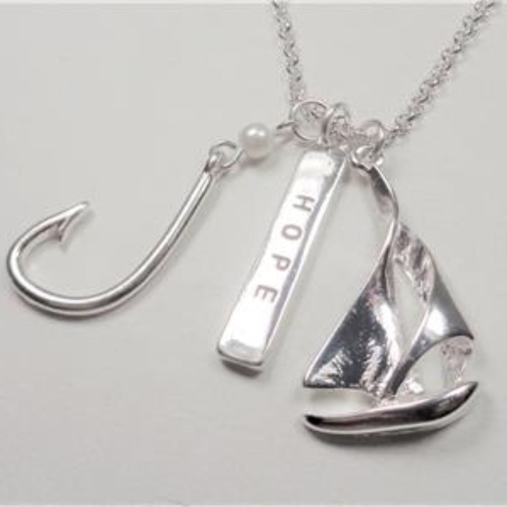 NAUTICAL FISH HOOK SAILBOAT HOPE SEA LIFE NECKLACE